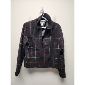 Talbots Jacket Women's 8 Black Red White Plaid Collared Jacket Wool Zip Up